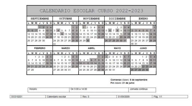 CALENDARIO Y MATERIALES 2022-2023